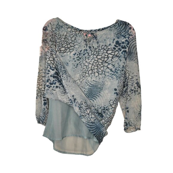 Maheb Women's Blue Patterned Sheer Blouse LG Lined Bodice 3/4 Sleeves - Picture 3 of 6